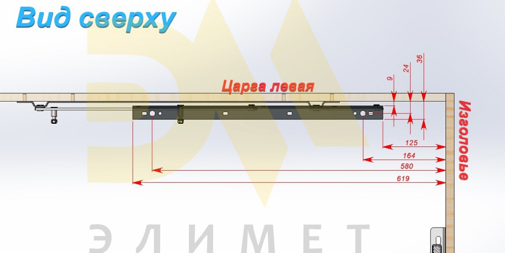 Схема установки механизма подъема кровати, вид сверху, монтажные размеры и зазоры